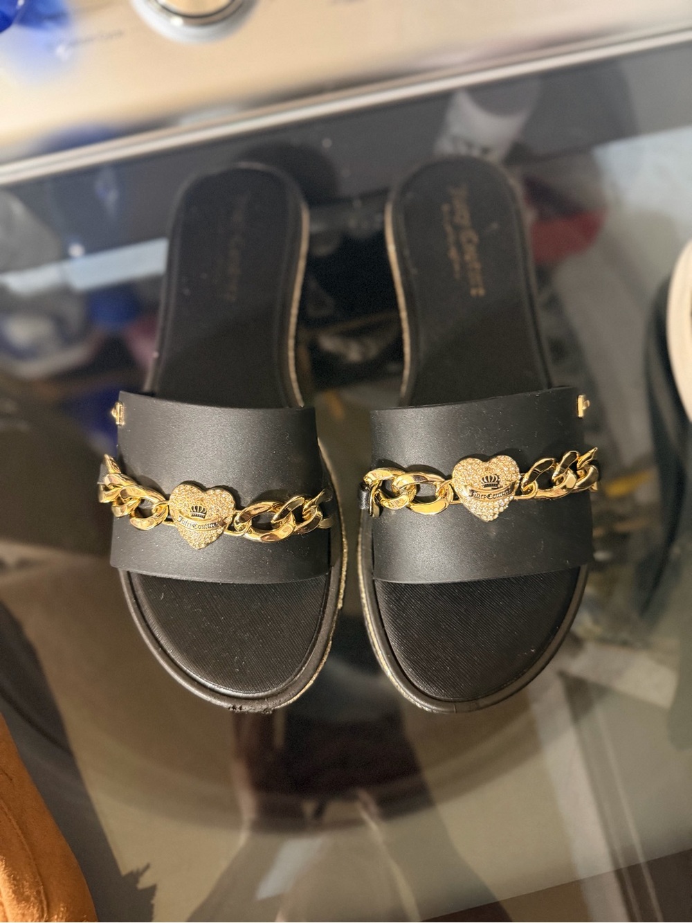 Juicy Couture Womens Size 9 Black Gold Chain Rhinestone Heart Slide Sandals